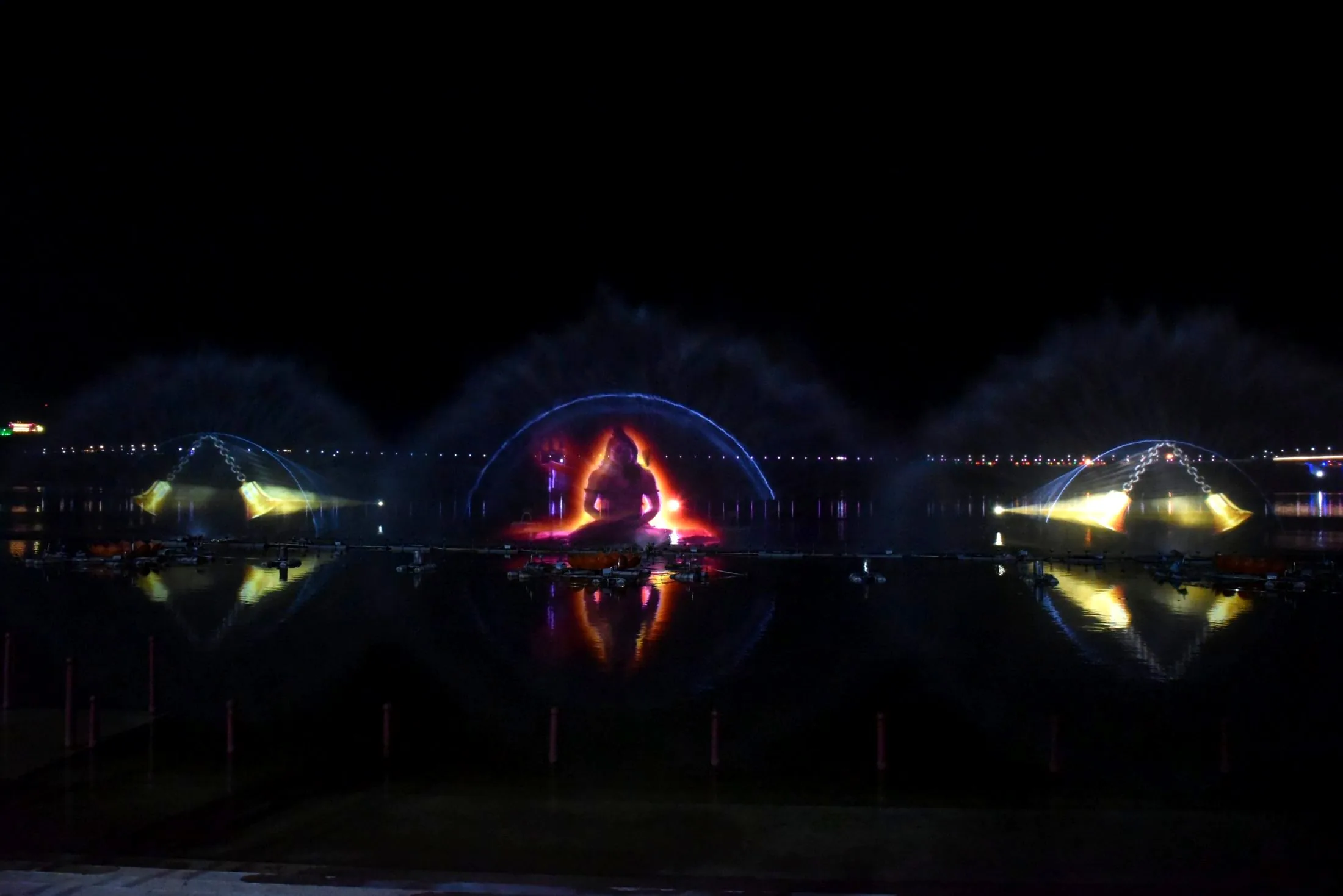 Three water screens with video projection running together