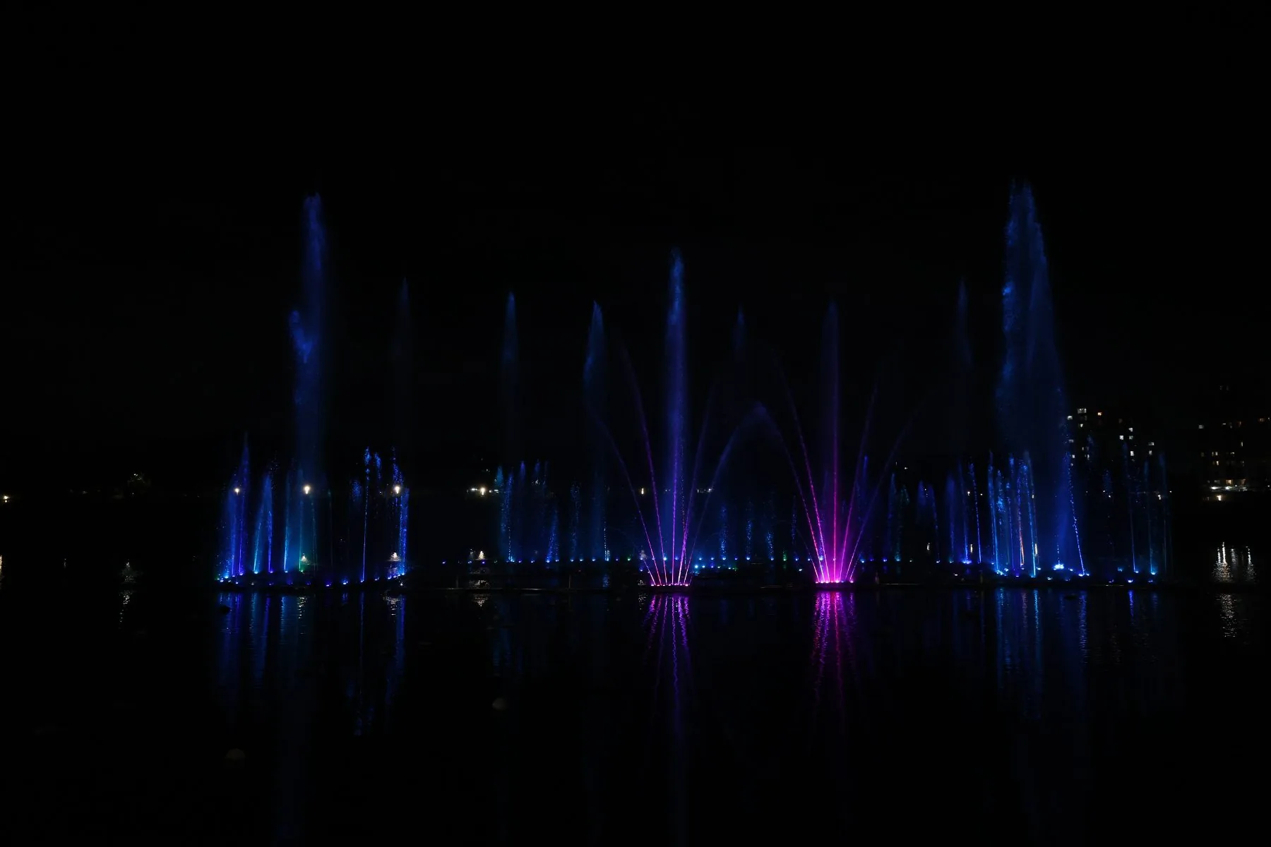 Blue fountain choreography at Bird Valley, Pune